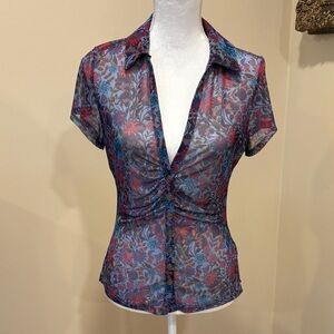 NATURAL LIFE Sheer Floral Blouse - Red and Blue